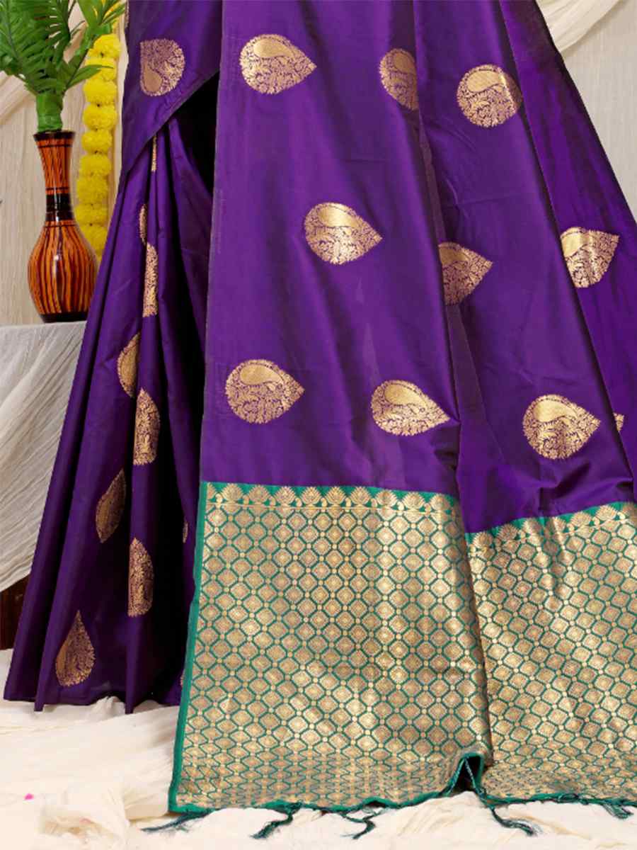 Dark Purple Banarasi Silk Handwoven Festival Casual Heavy Border Saree