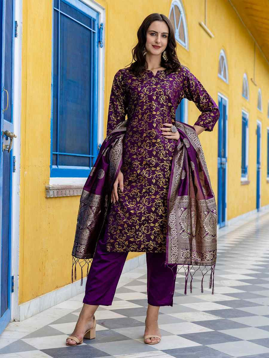 Dark Purple Cotton Silk Printed Party Wedding Festival Casual Ready Pant Salwar Kameez