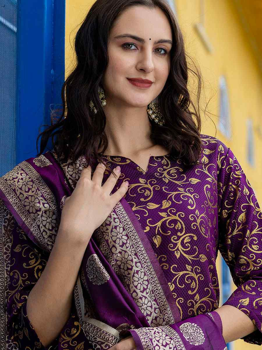 Dark Purple Cotton Silk Printed Party Wedding Festival Casual Ready Pant Salwar Kameez