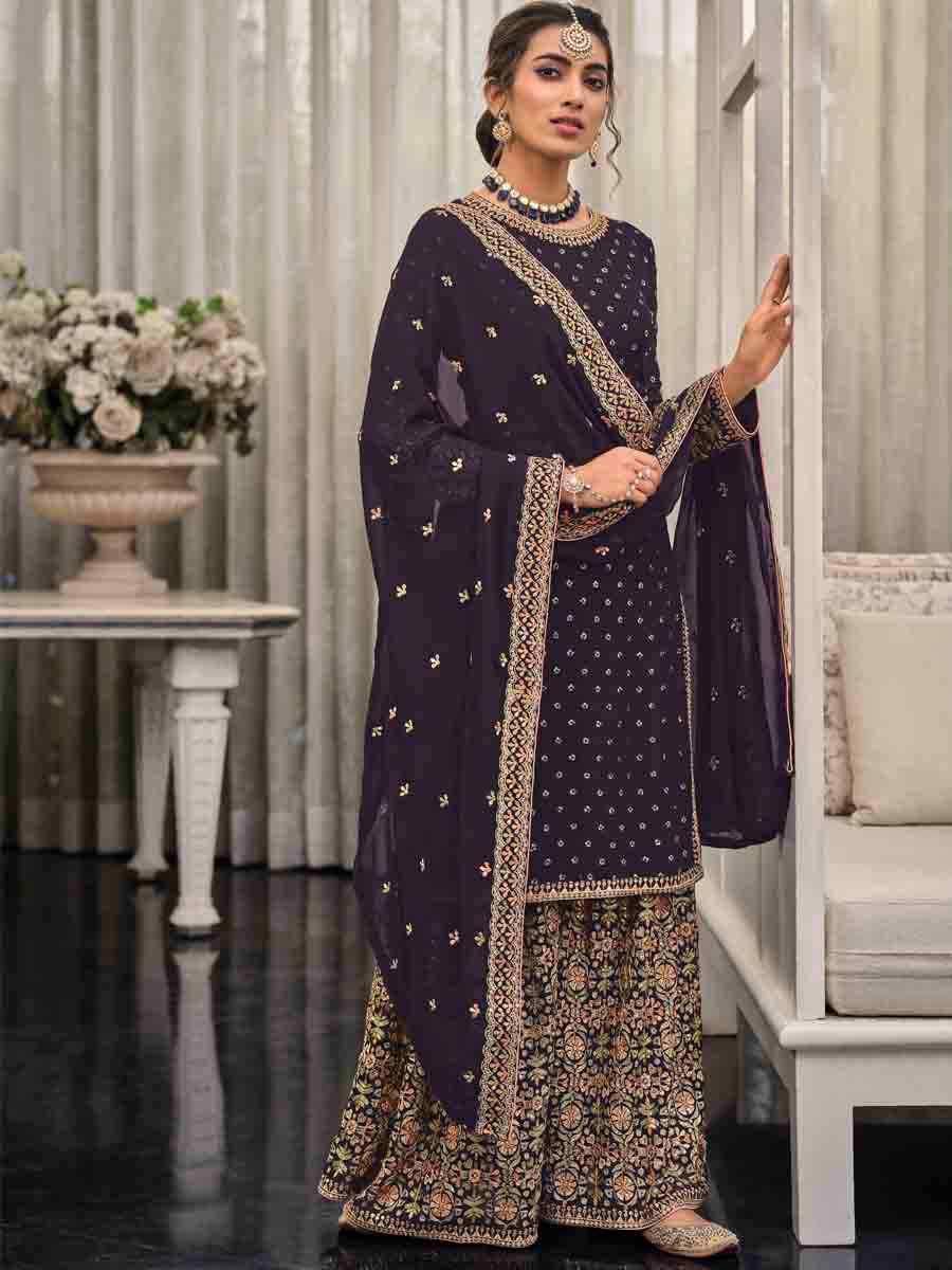 Dark Purple Faux Georgette Embroidered Festival Wedding Palazzo Pant Salwar Kameez