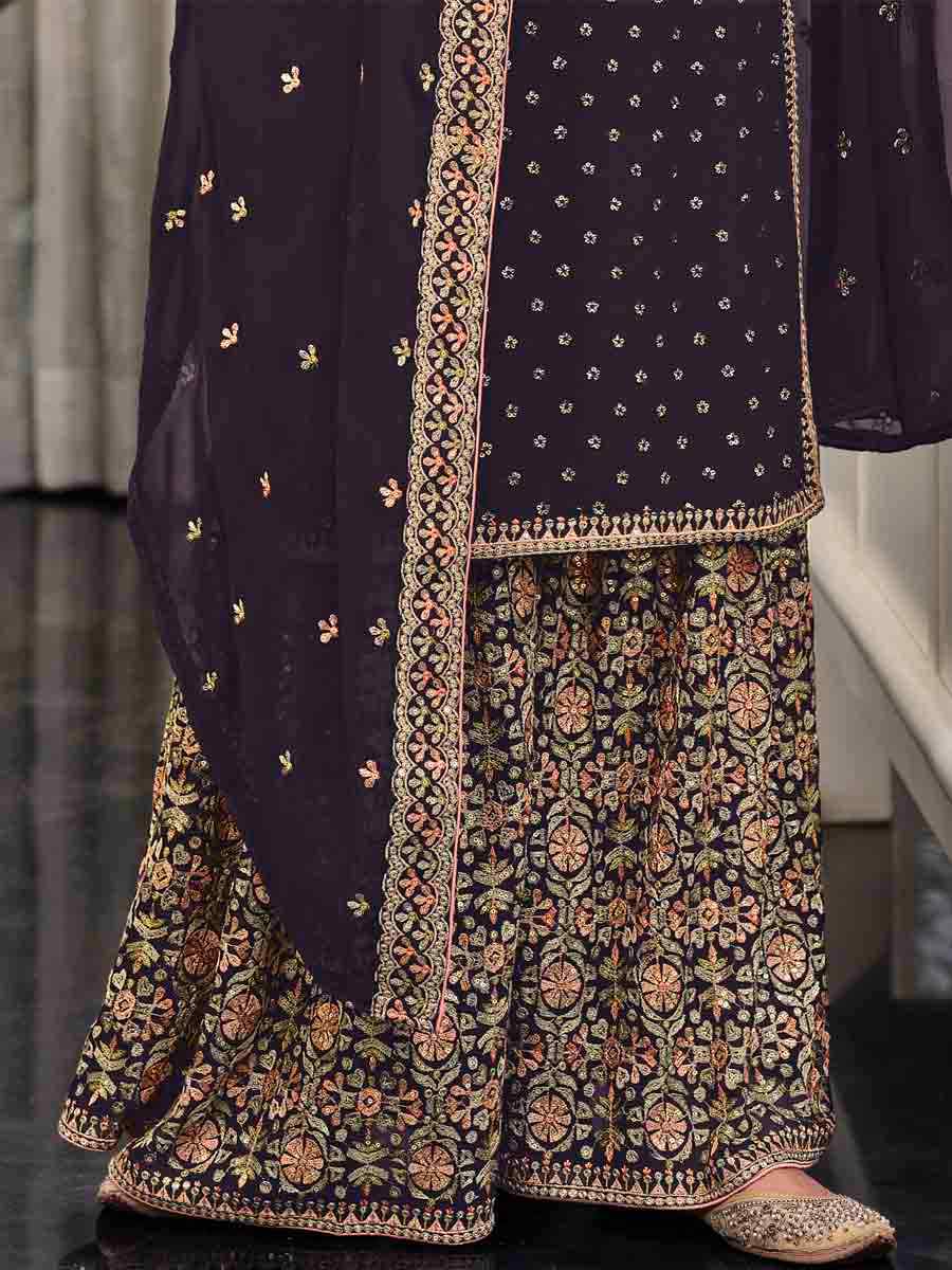 Dark Purple Faux Georgette Embroidered Festival Wedding Palazzo Pant Salwar Kameez
