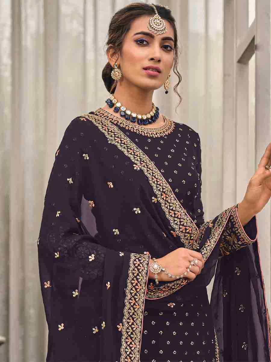 Dark Purple Faux Georgette Embroidered Festival Wedding Palazzo Pant Salwar Kameez