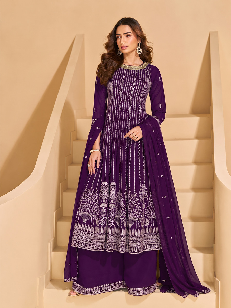 Dark Purple Faux Georgette Embroidery Zari Sequins Wedding Party Festival Casual Ready Palazzo Pant Salwar Kameez
