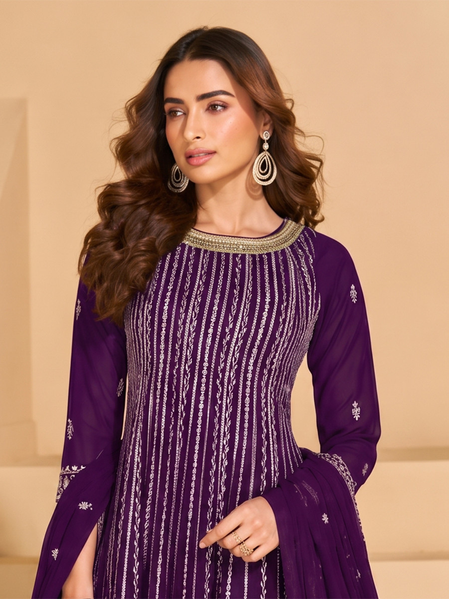 Dark Purple Faux Georgette Embroidery Zari Sequins Wedding Party Festival Casual Ready Palazzo Pant Salwar Kameez