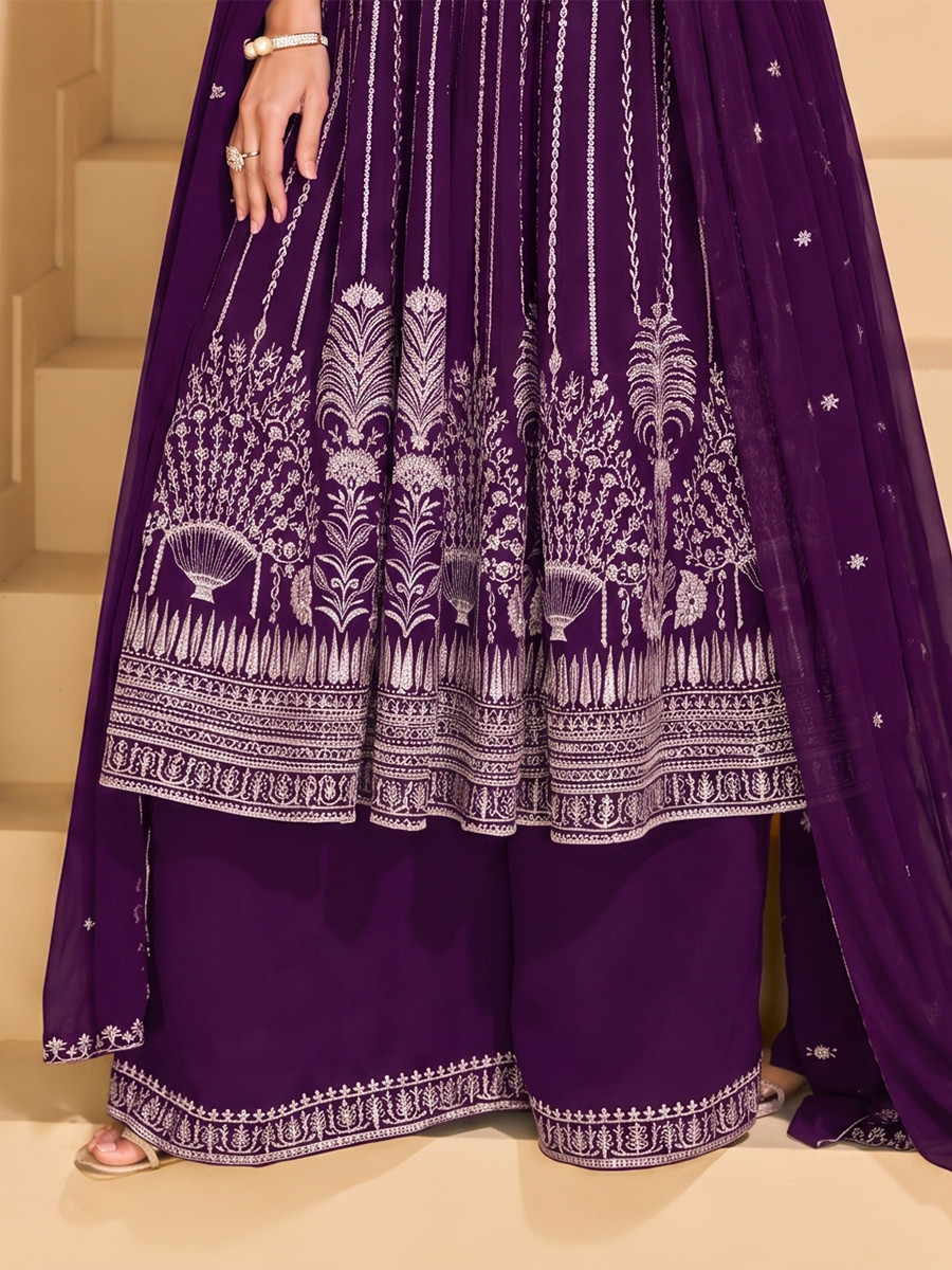 Dark Purple Faux Georgette Embroidery Zari Sequins Wedding Party Festival Casual Ready Palazzo Pant Salwar Kameez