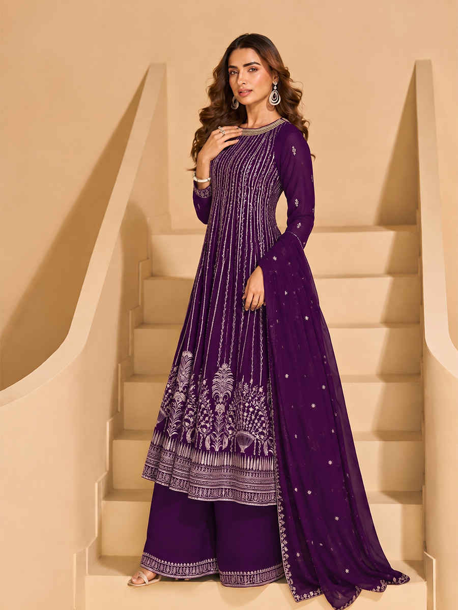 Dark Purple Faux Georgette Embroidery Zari Sequins Wedding Party Festival Casual Ready Palazzo Pant Salwar Kameez