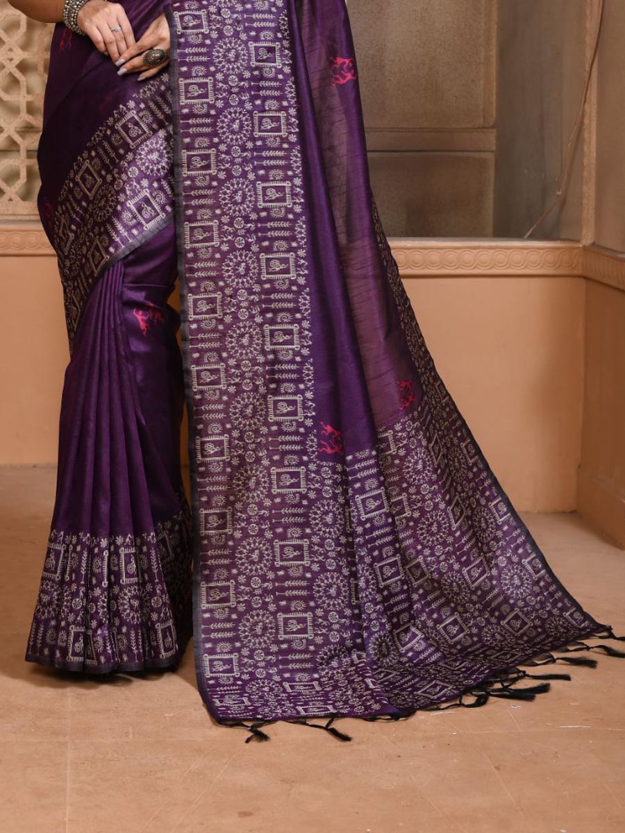 Dark Purple Handloom Raw Silk Handwoven Casual Festival Heavy Border Saree