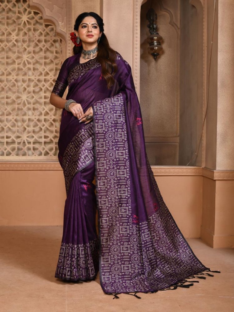 Dark Purple Handloom Raw Silk Handwoven Casual Festival Heavy Border Saree