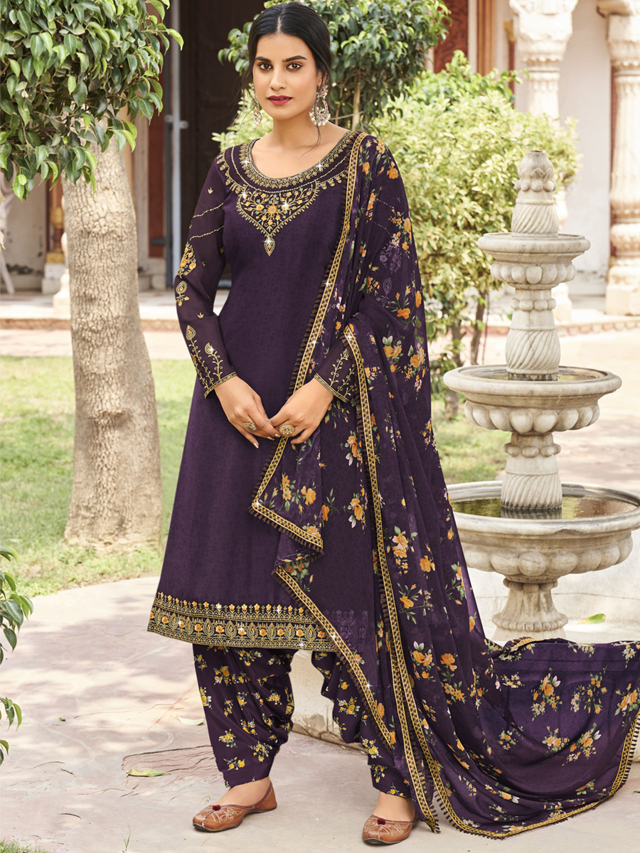Dark Purple Heavy Crepe Embroidered Casual Festival Patiala Salwar Kameez
