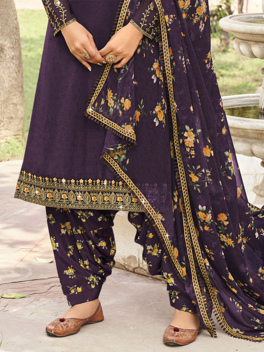 Dark Purple Heavy Crepe Embroidered Casual Festival Patiala Salwar Kameez