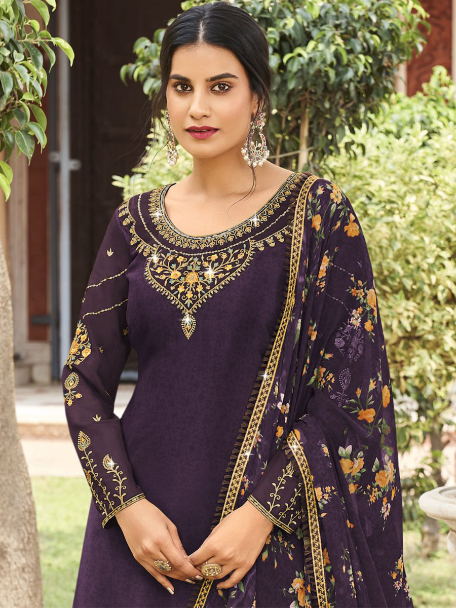 Dark Purple Heavy Crepe Embroidered Casual Festival Patiala Salwar Kameez