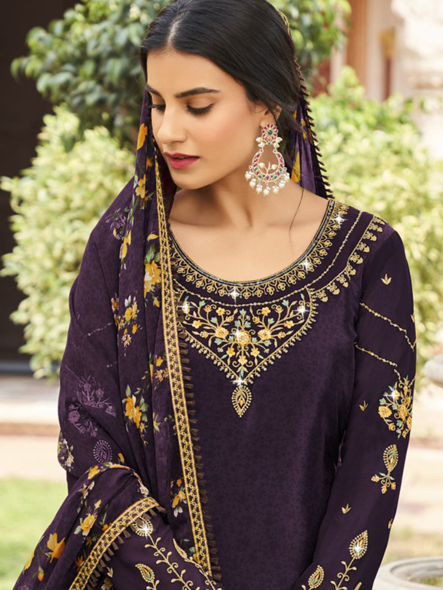 Dark Purple Heavy Crepe Embroidered Casual Festival Patiala Salwar Kameez