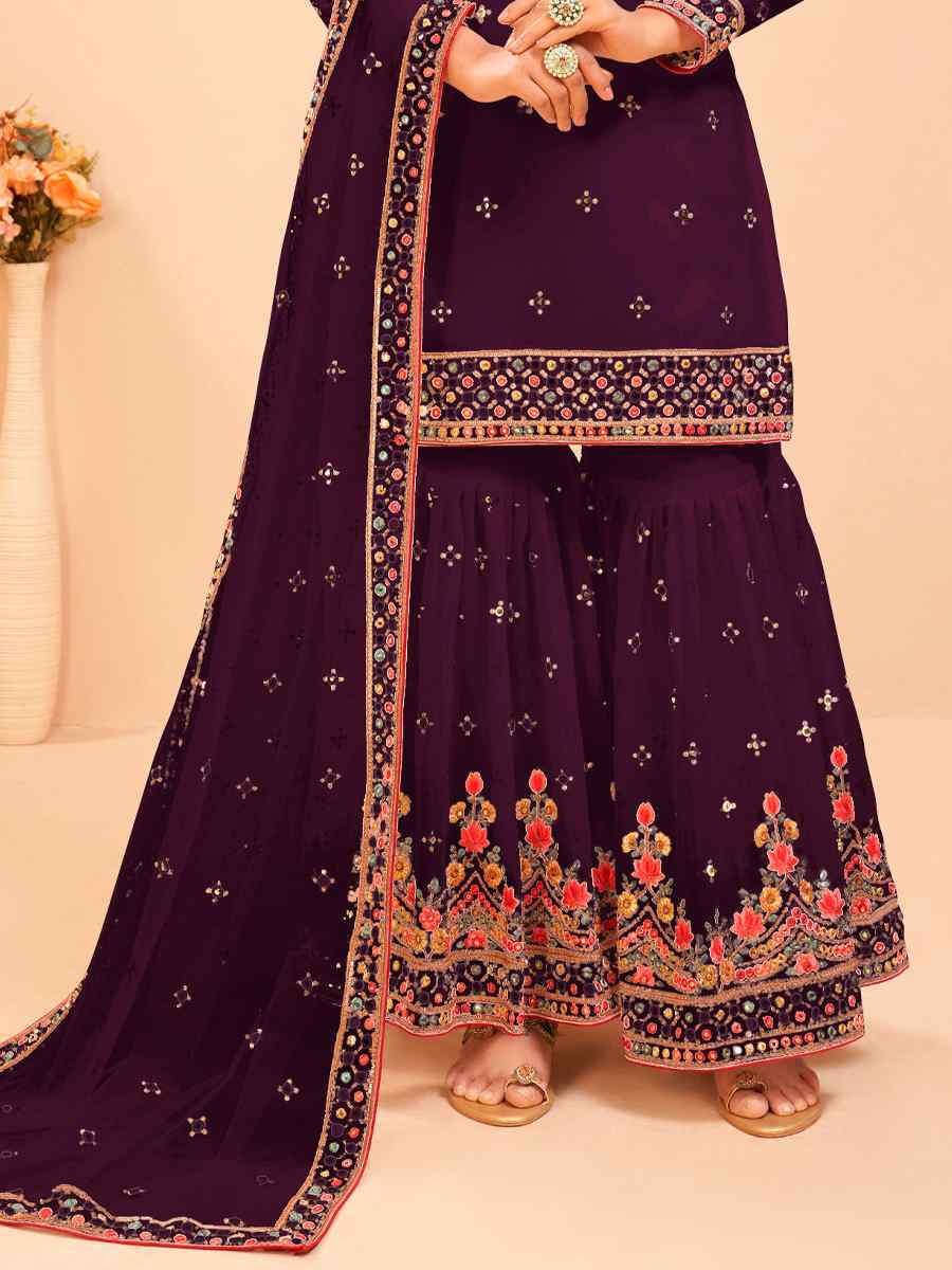 Dark Purple Heavy Faux Georgette  Embroidered Festival Party Sharara Pant Salwar Kameez