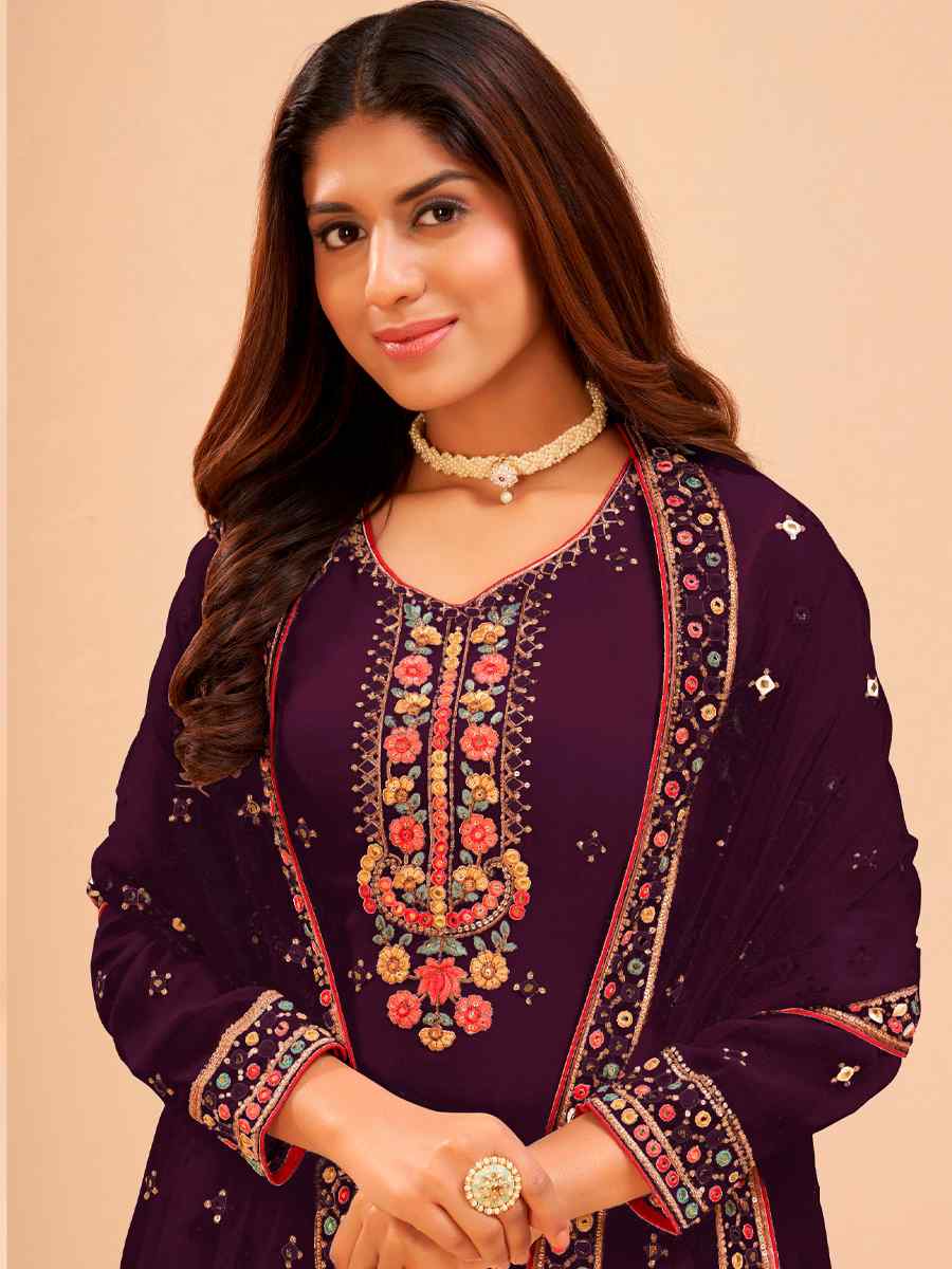 Dark Purple Heavy Faux Georgette  Embroidered Festival Party Sharara Pant Salwar Kameez