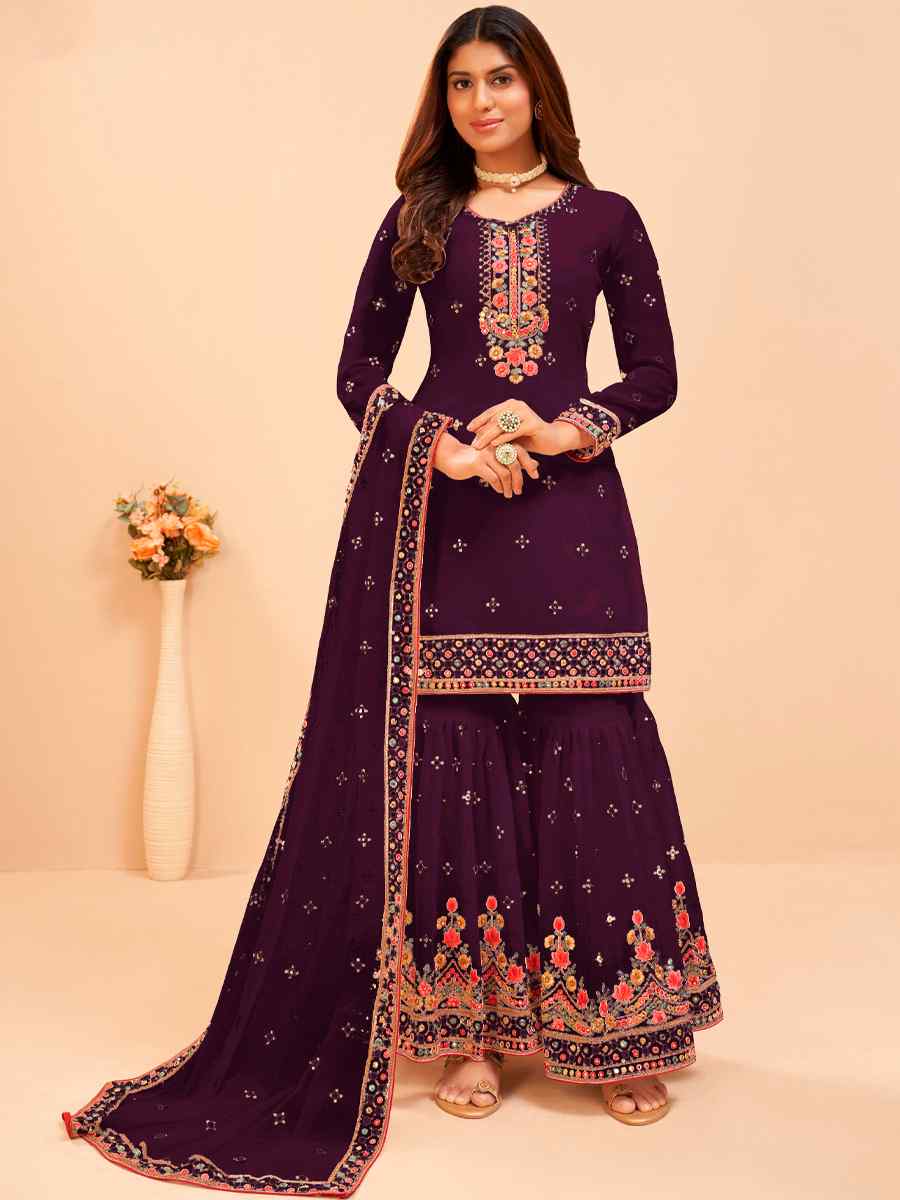 Dark Purple Heavy Faux Georgette  Embroidered Festival Party Sharara Pant Salwar Kameez
