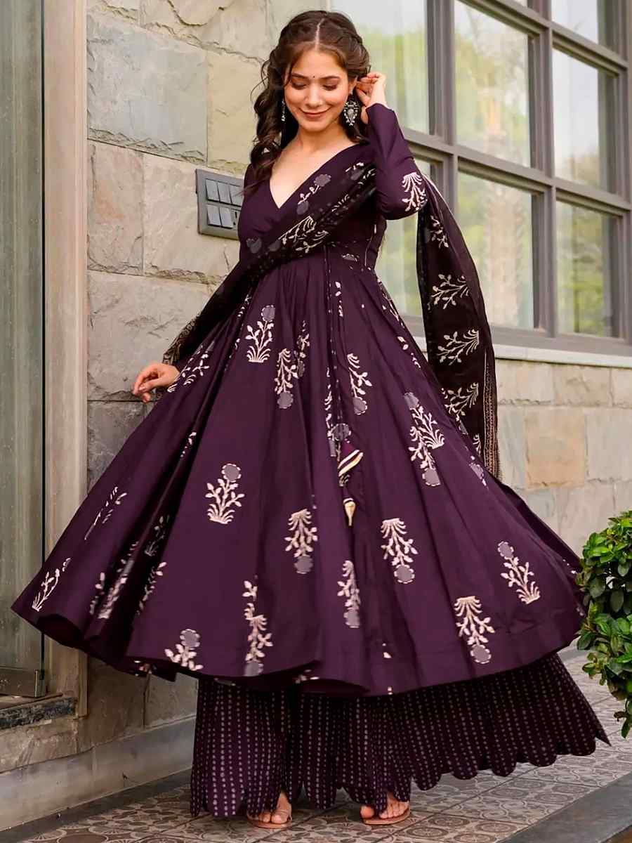 Dark Purple Pure MaslinPrinted Casual Festival Anarkali Salwar Kameez