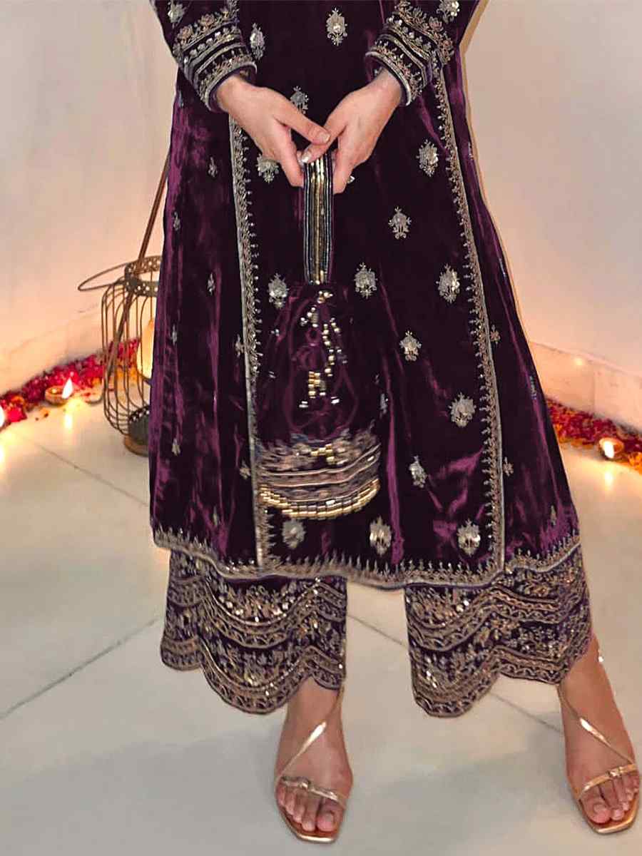 Dark Purple Pure Viscose Velvet Embroidered Mehendi Wedding Pant Salwar Kameez