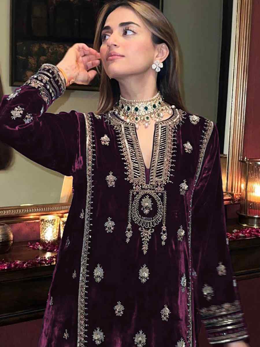 Dark Purple Pure Viscose Velvet Embroidered Mehendi Wedding Pant Salwar Kameez