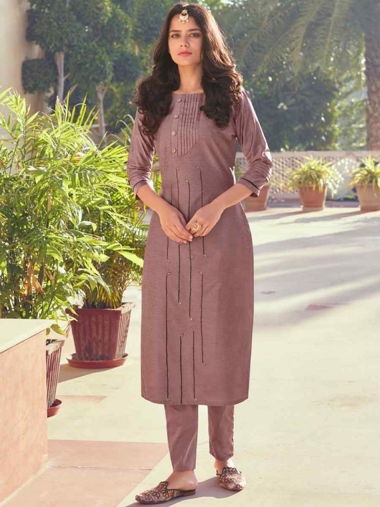 Dark Purple Roman Silk Embroidered Festival Casual Kurti