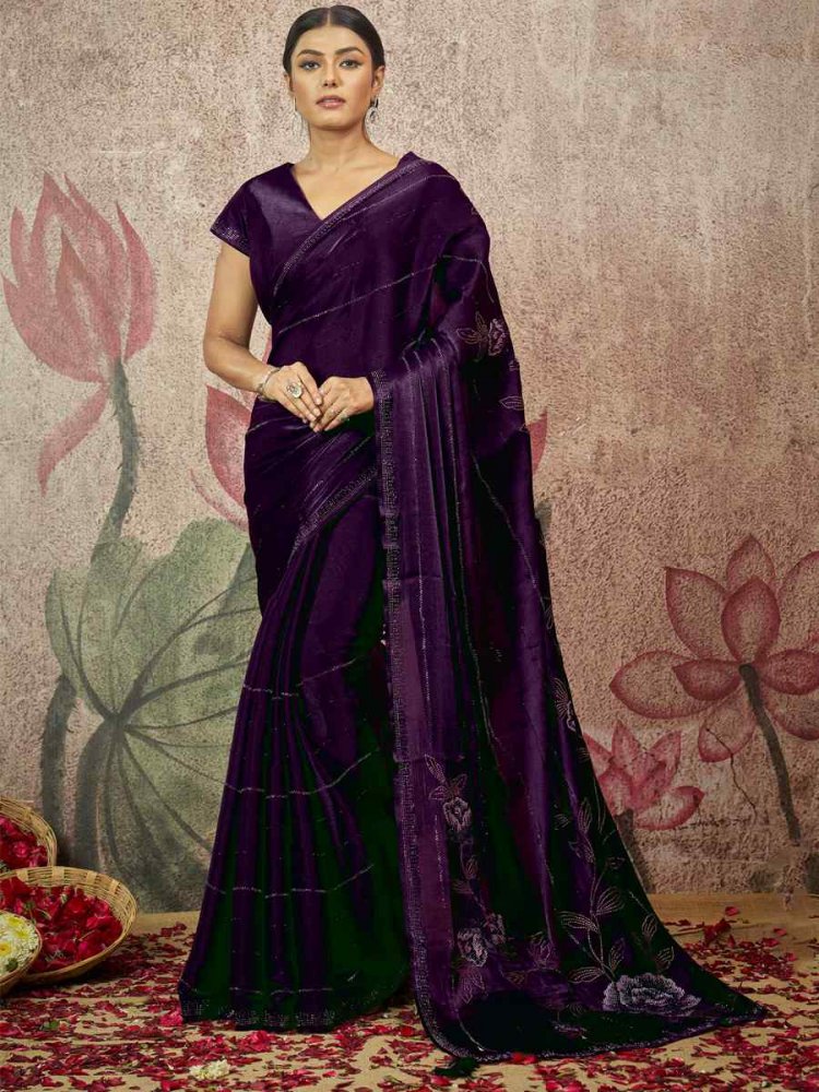 Dark Purple Satin Silk Sequins Wedding Festival Classic Style Saree