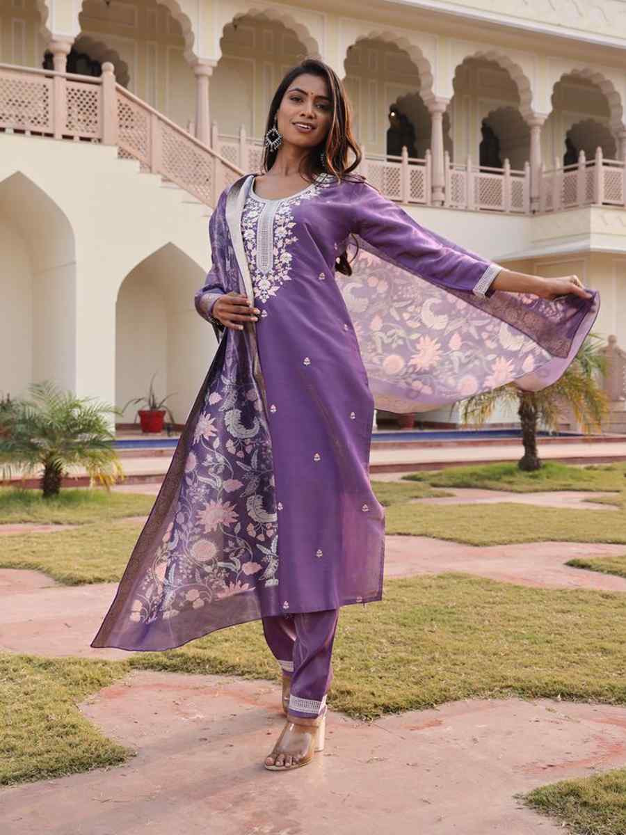 Dark Purple Shimmer  Silk  Embroidered Casual Festival Pant Salwar Kameez
