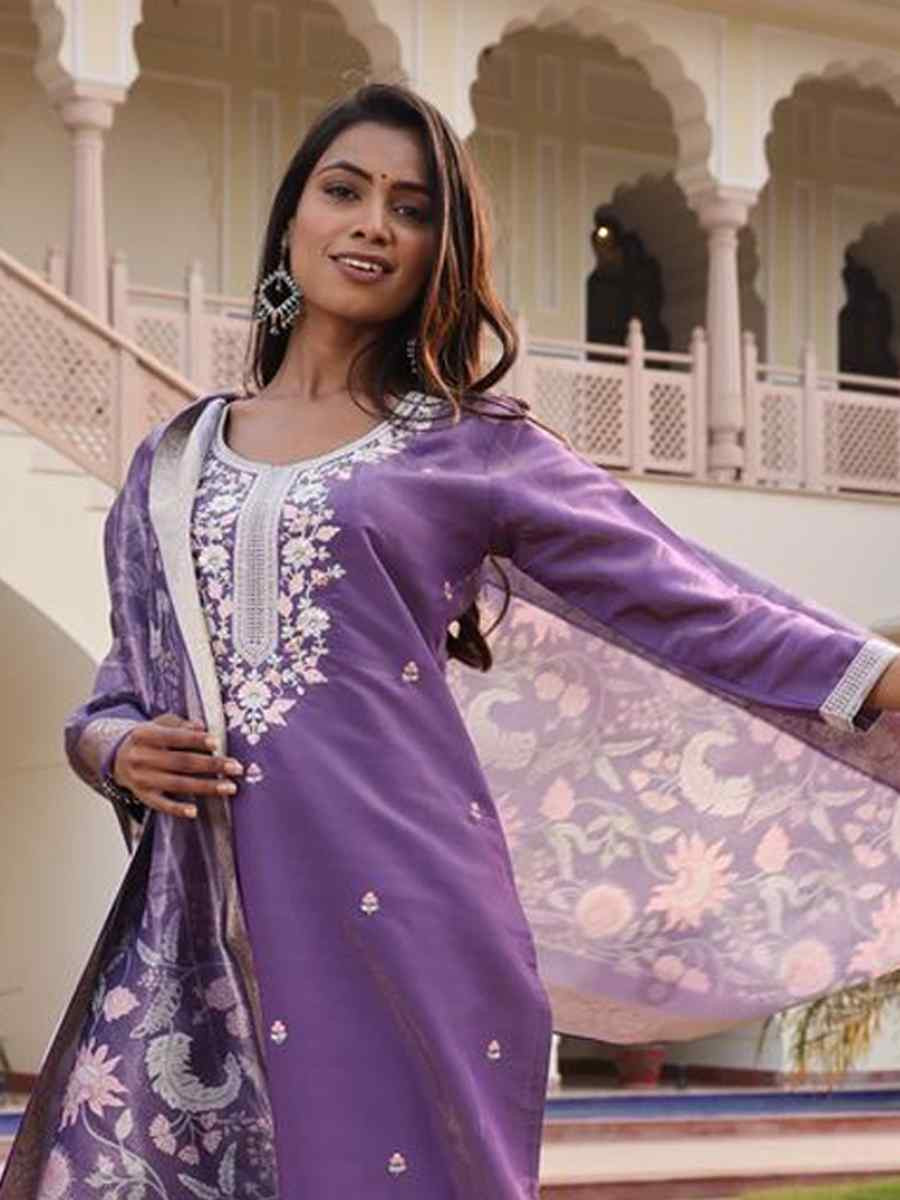 Dark Purple Shimmer  Silk  Embroidered Casual Festival Pant Salwar Kameez