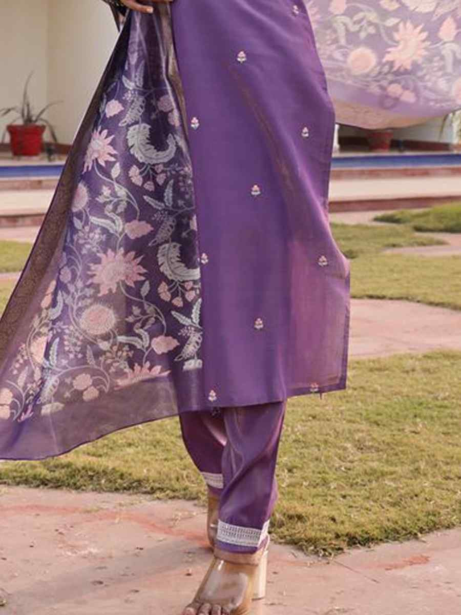 Dark Purple Shimmer  Silk  Embroidered Casual Festival Pant Salwar Kameez