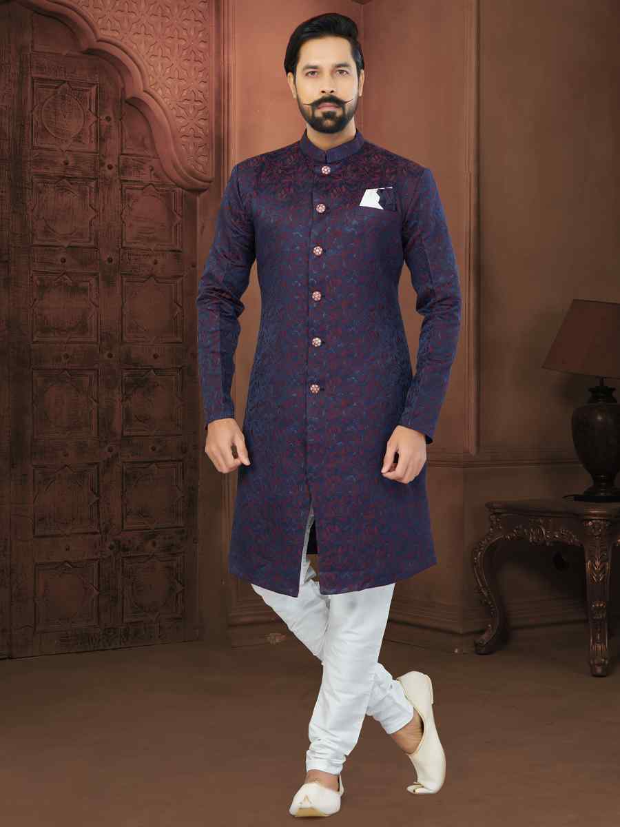 Dark Purple Soft Jacquard Embroidered Wedding Groom Sherwani