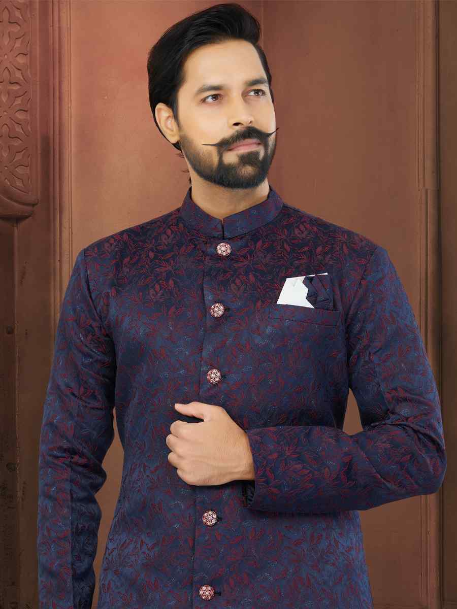 Dark Purple Soft Jacquard Embroidered Wedding Groom Sherwani