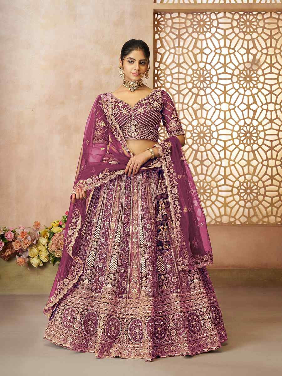 Dark Purple Soft Net Embroidered Wedding Bridesmaid Heavy Border Lehenga Choli