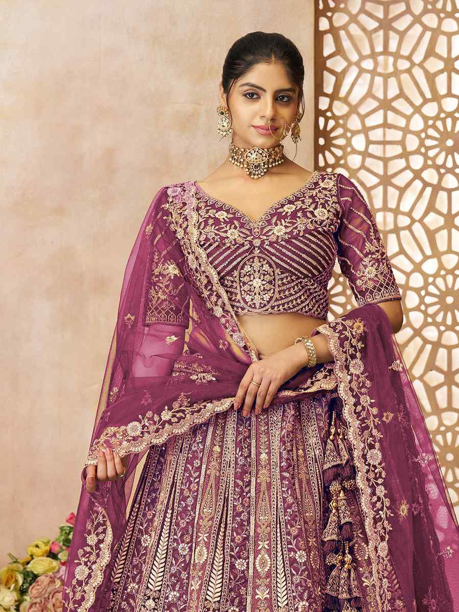Dark Purple Soft Net Embroidered Wedding Bridesmaid Heavy Border Lehenga Choli