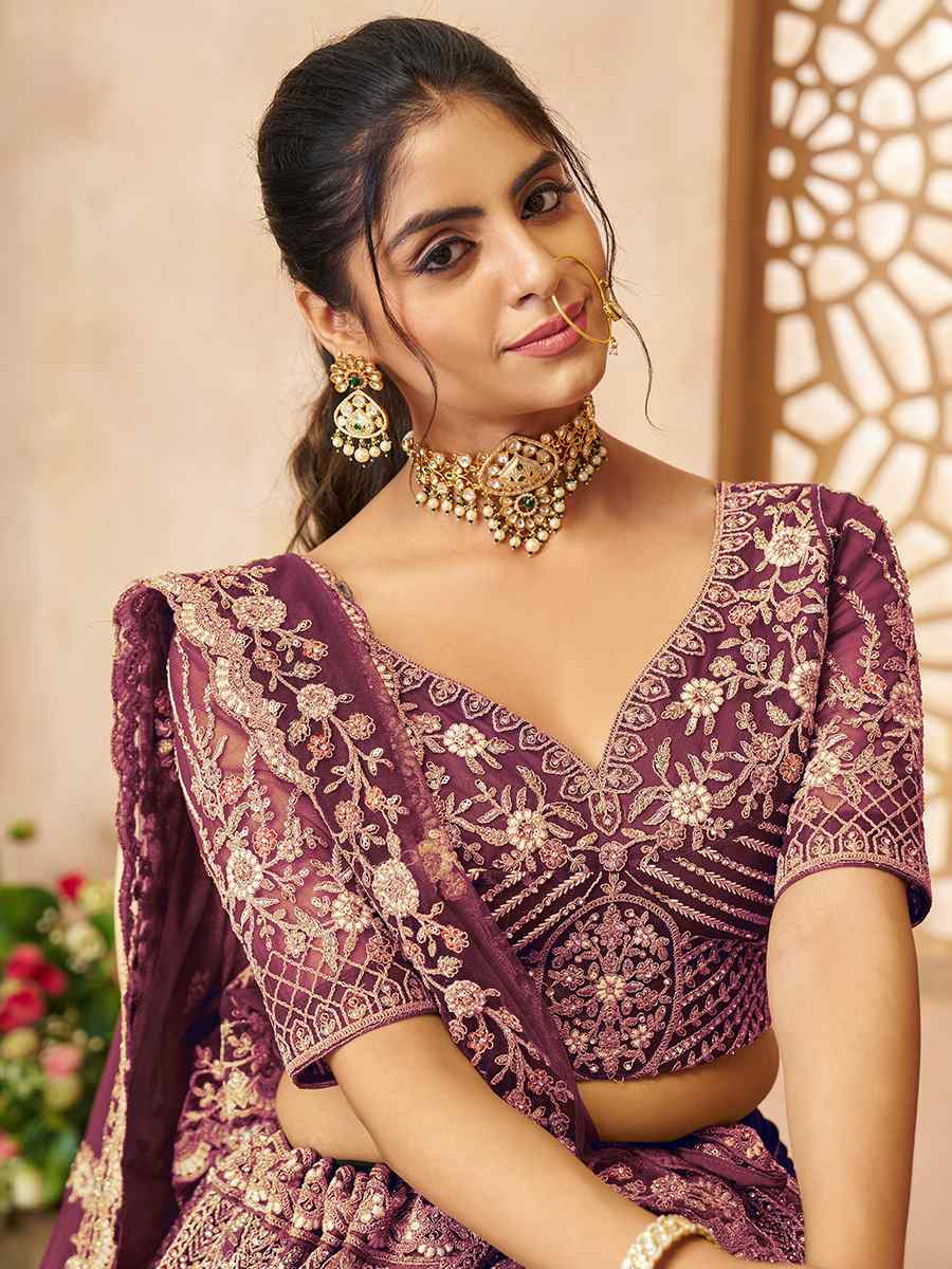 Dark Purple Soft Net Embroidered Wedding Bridesmaid Heavy Border Lehenga Choli