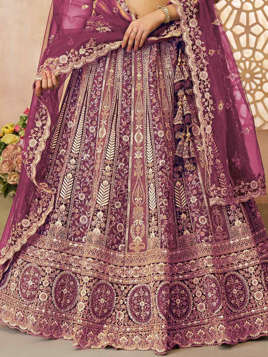 Dark Purple Soft Net Embroidered Wedding Bridesmaid Heavy Border Lehenga Choli