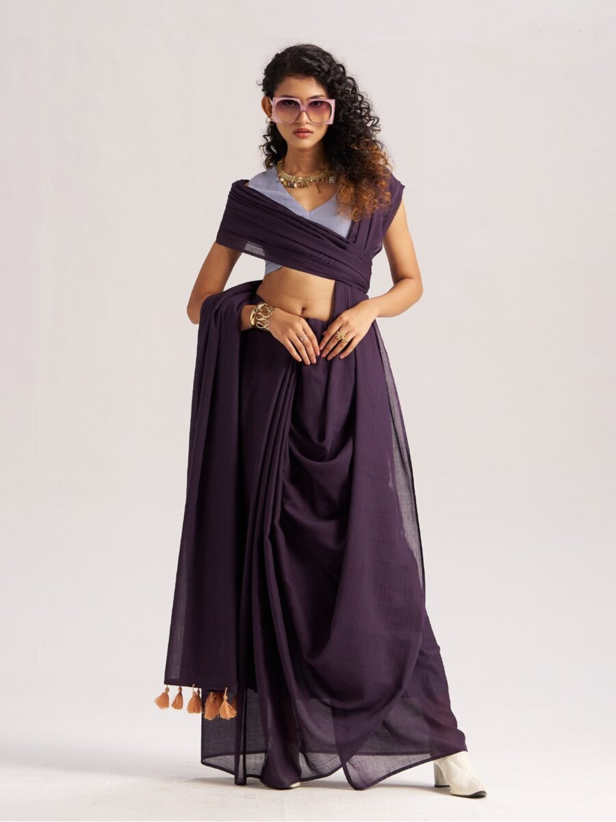 Dark Purple Viscose Plain Casual Party Festival Wedding Fancy Classic Style Sarees