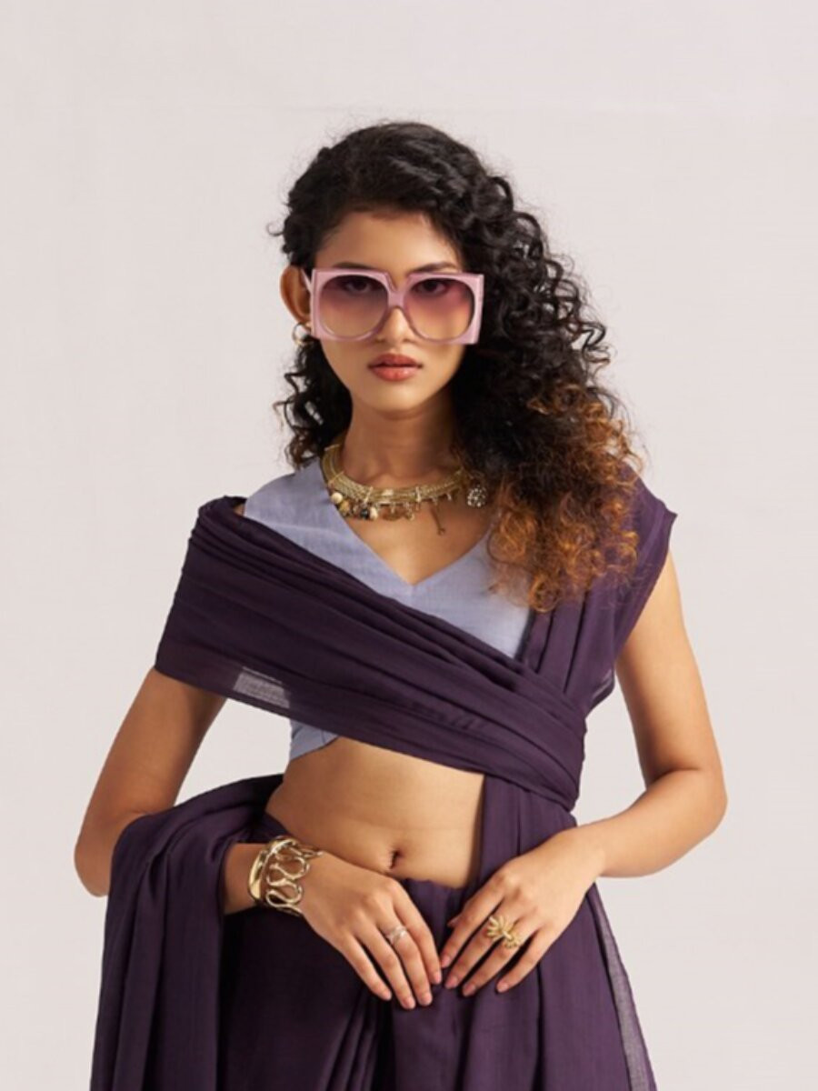Dark Purple Viscose Plain Casual Party Festival Wedding Fancy Classic Style Sarees