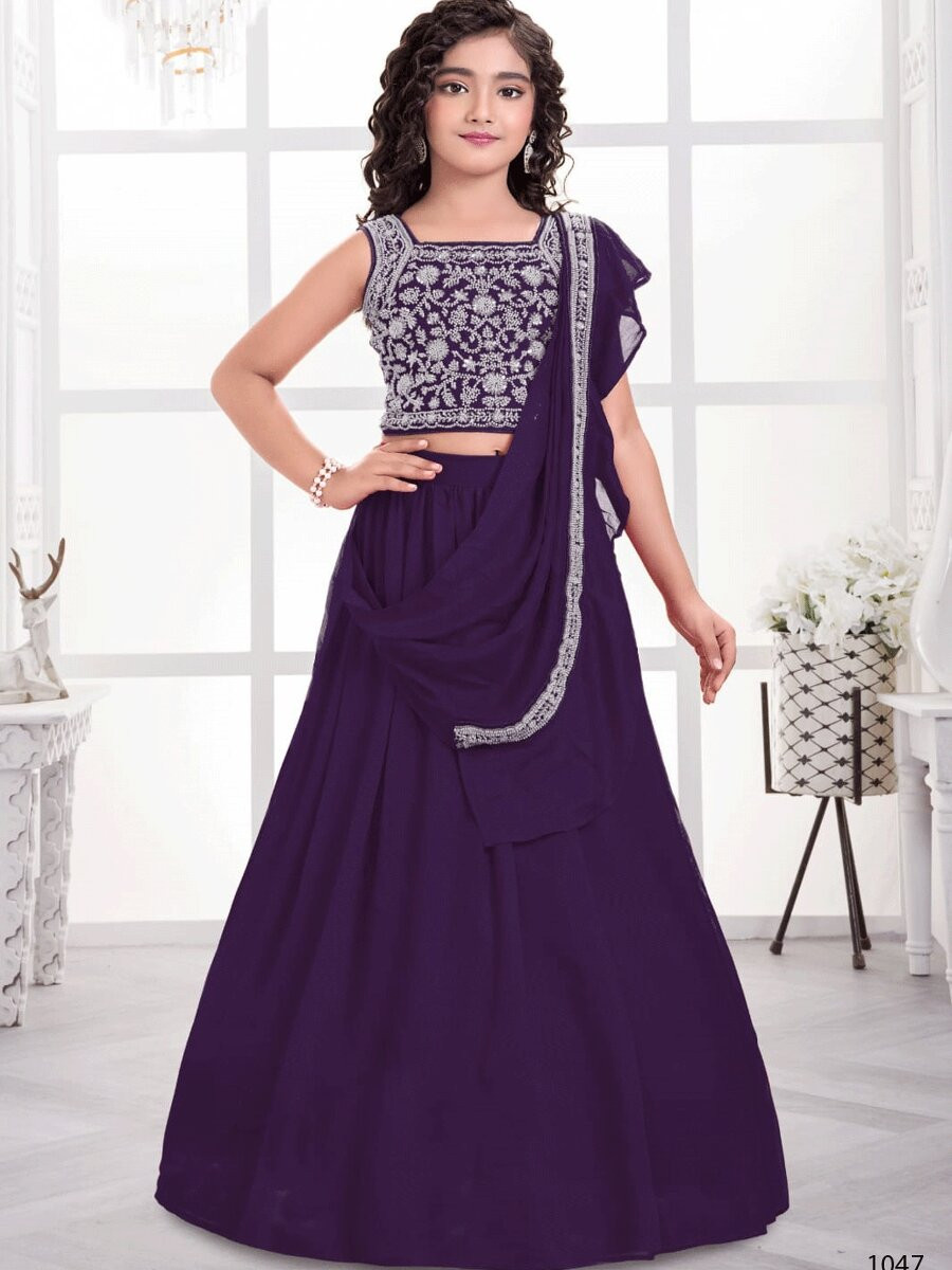 Dark Purple Visitra Silk Embroidered Wedding Festival Party Lehengas Girls Wear