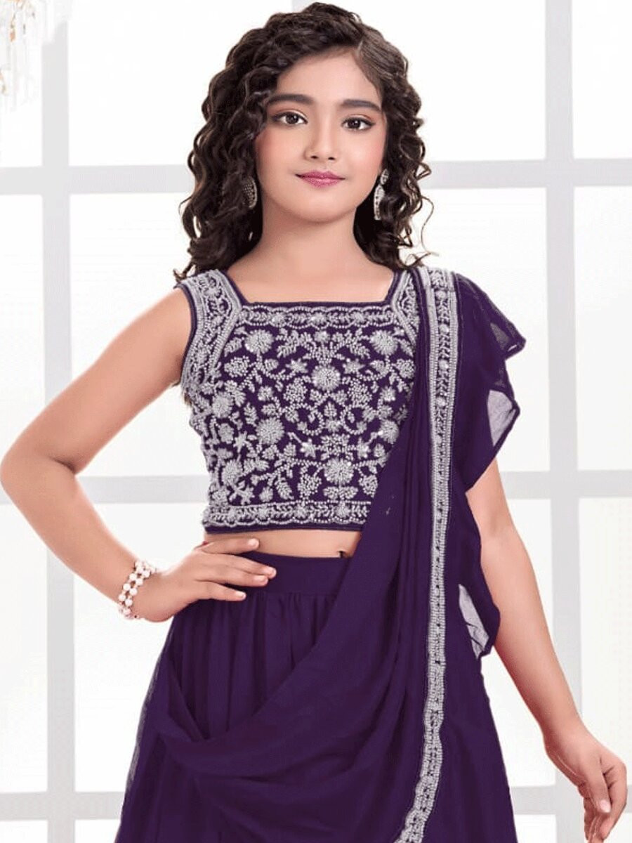 Dark Purple Visitra Silk Embroidered Wedding Festival Party Lehengas Girls Wear