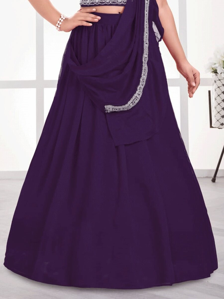 Dark Purple Visitra Silk Embroidered Wedding Festival Party Lehengas Girls Wear