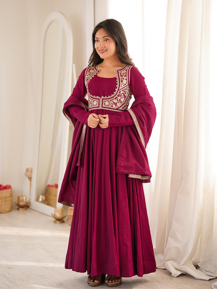 Image of Dark Rani Pink Heavy Pure Roman Silk Chanderi Embroidery Wedding Party Festival Casual Ready Anarkali Pant Salwar Kameez