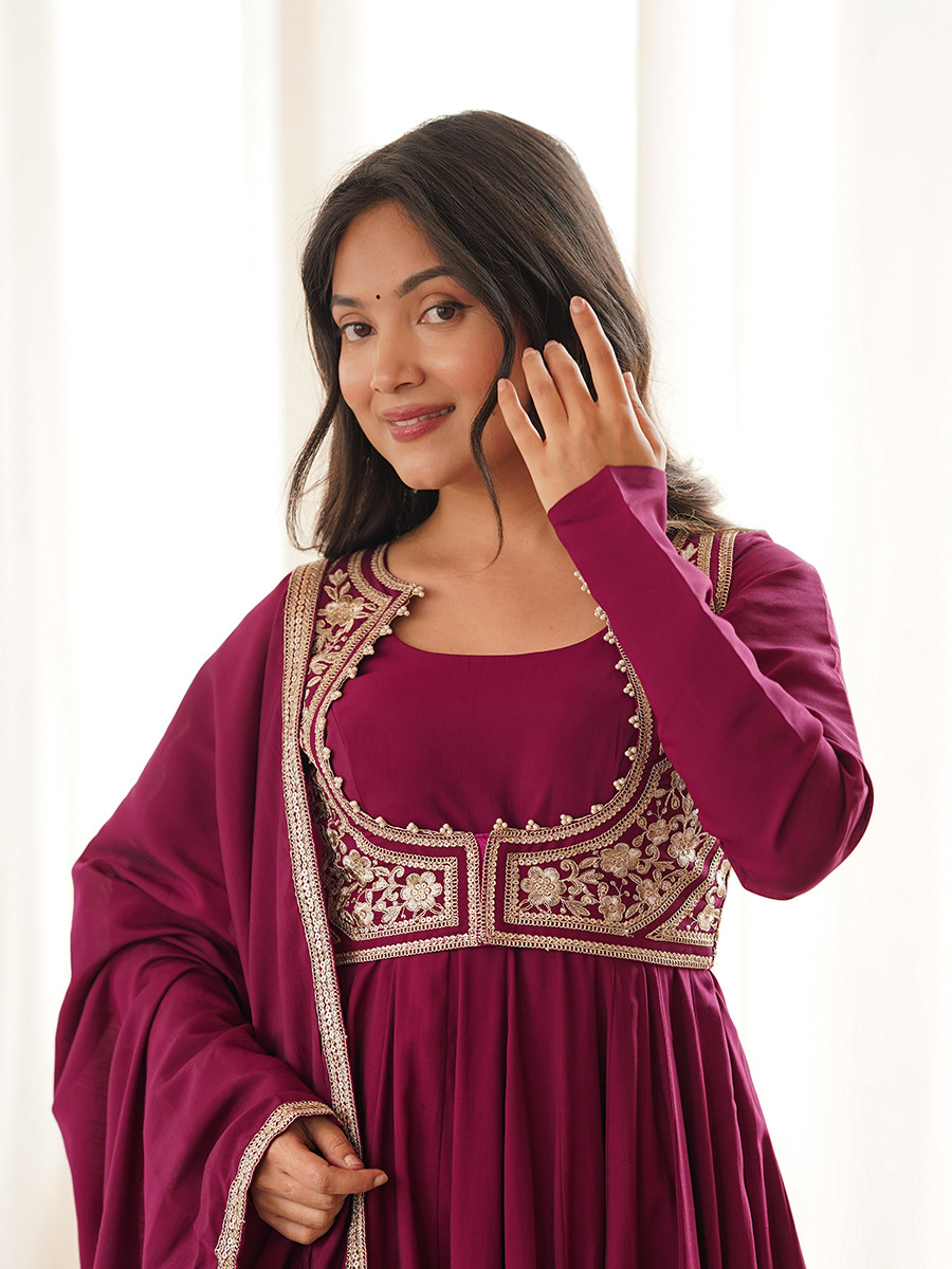 Dark Rani Pink Heavy Pure Roman Silk Chanderi Embroidery Wedding Party Festival Casual Ready Anarkali Pant Salwar Kameez