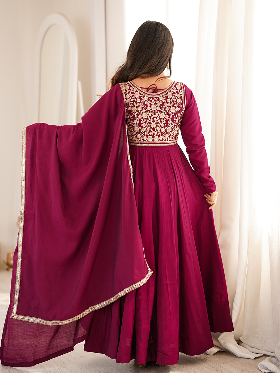 Dark Rani Pink Heavy Pure Roman Silk Chanderi Embroidery Wedding Party Festival Casual Ready Anarkali Pant Salwar Kameez