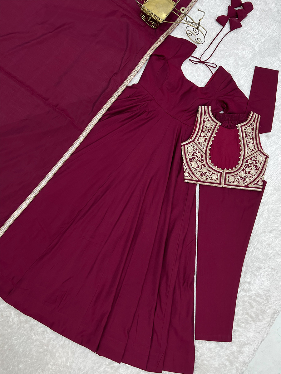 Dark Rani Pink Heavy Pure Roman Silk Chanderi Embroidery Wedding Party Festival Casual Ready Anarkali Pant Salwar Kameez
