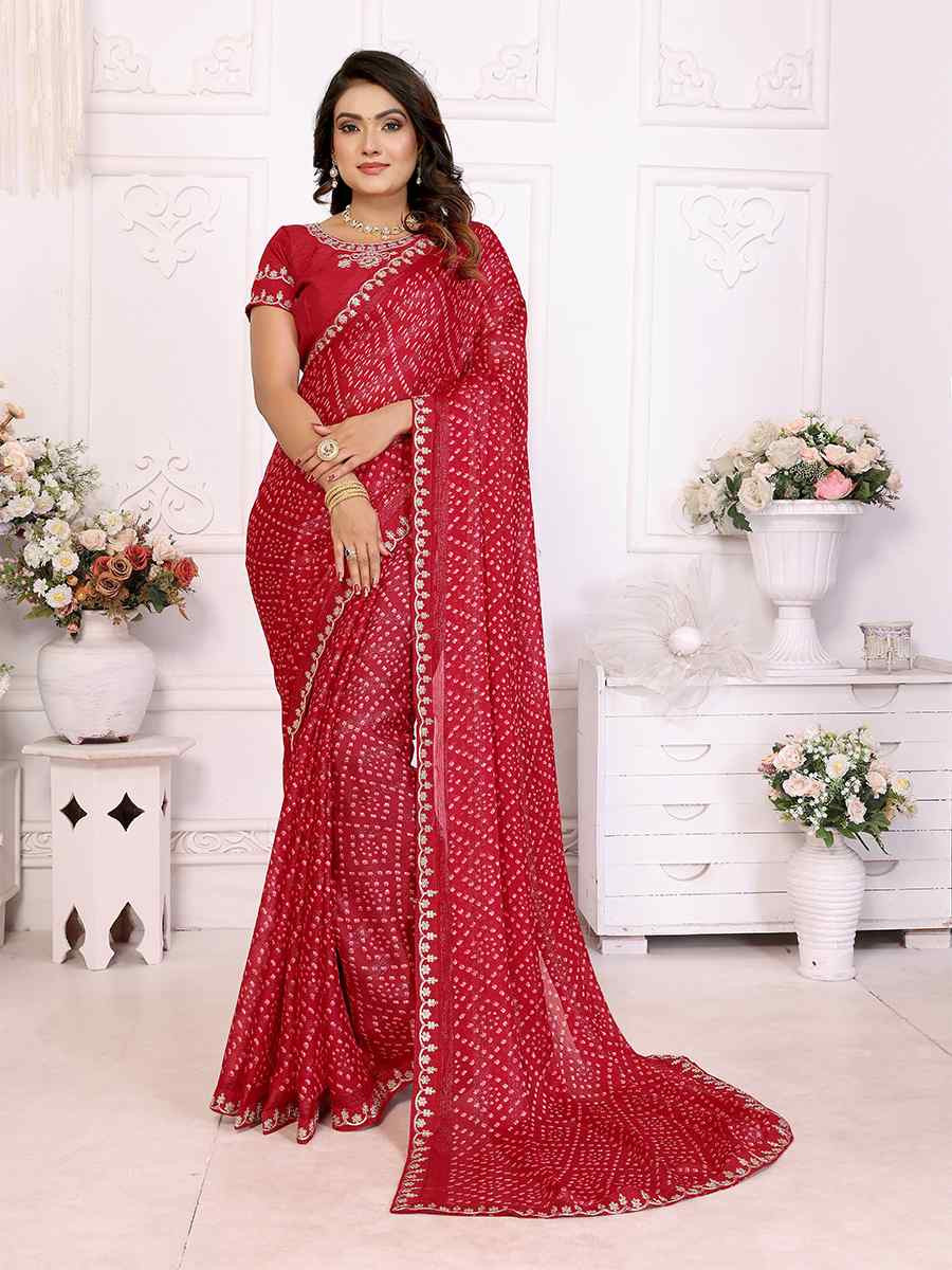 Dark Red Chinon Embroidered Festival Wedding Fancy Heavy Border Saree
