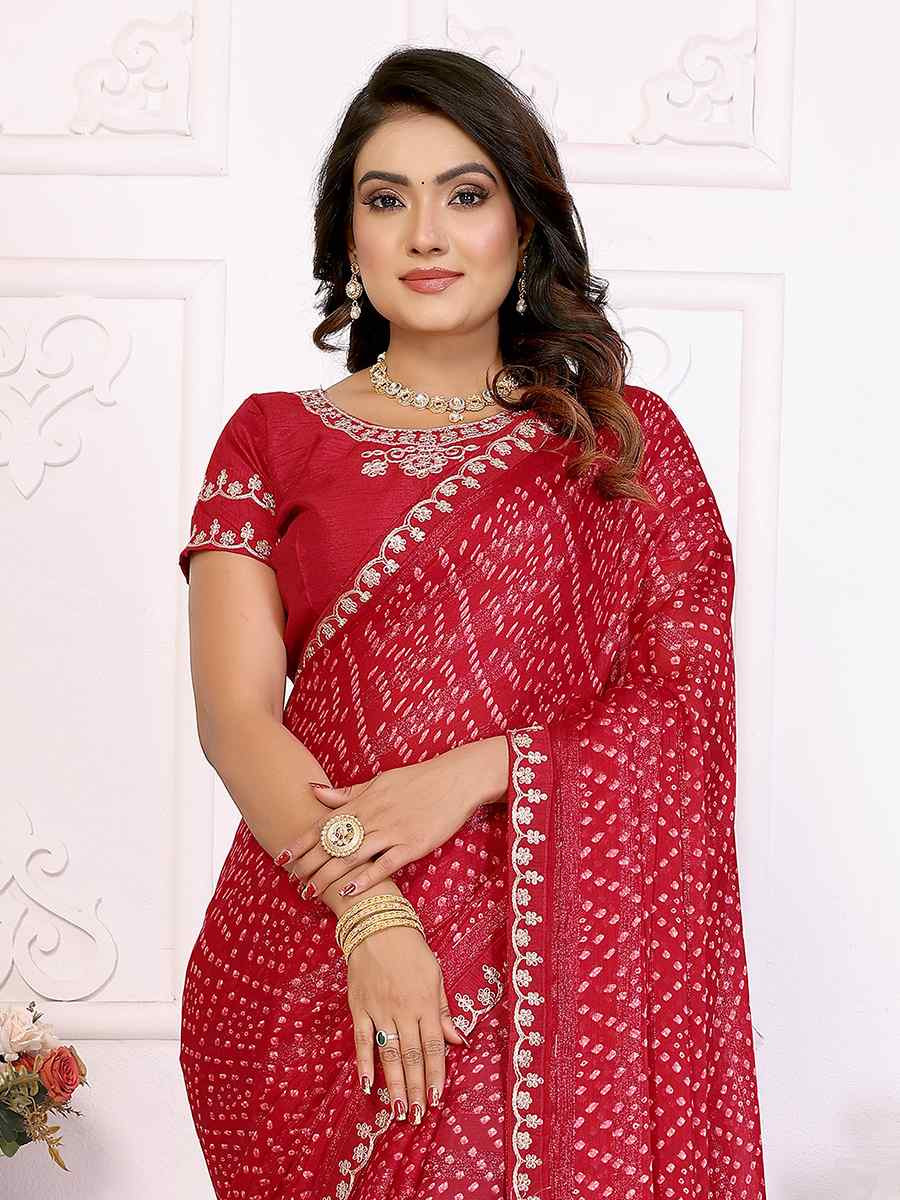 Dark Red Chinon Embroidered Festival Wedding Fancy Heavy Border Saree