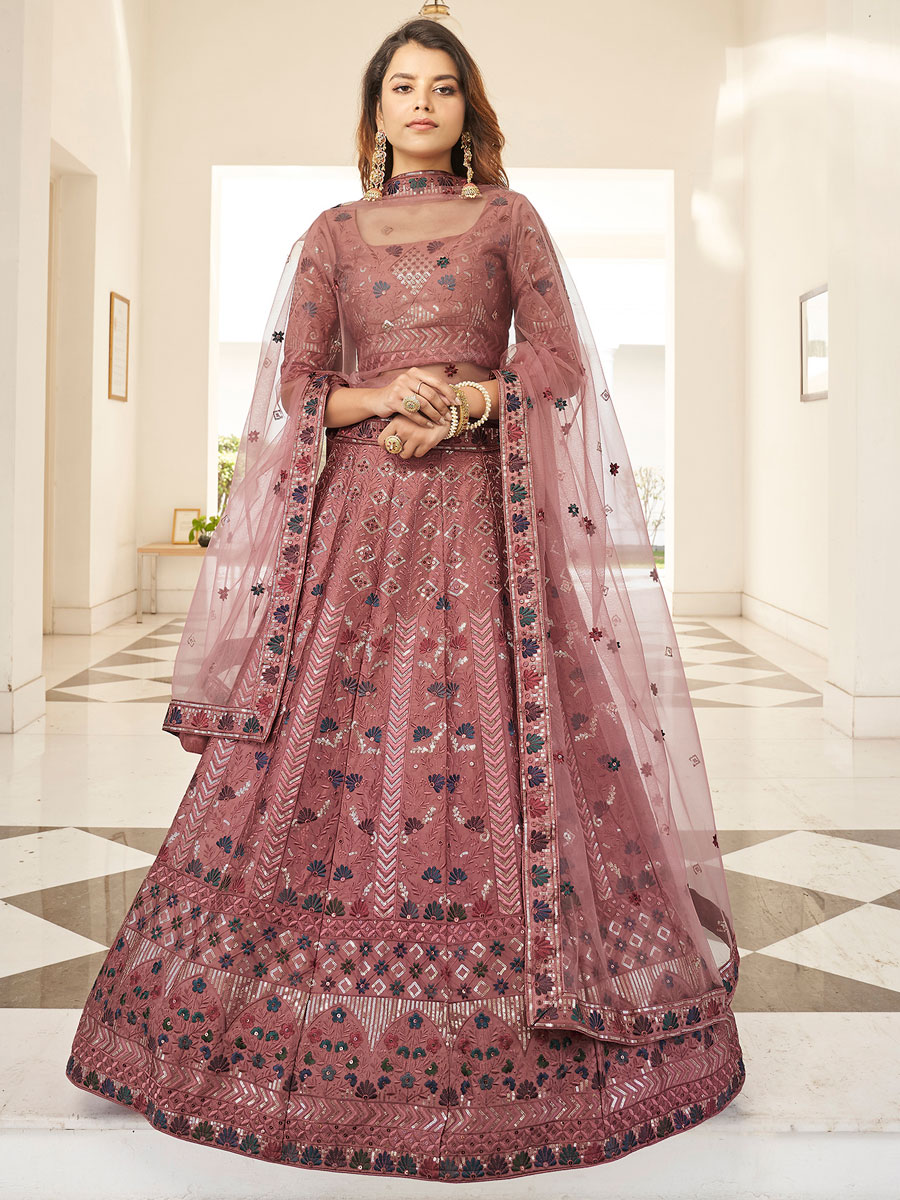Dark Salmon Orange Silk Embroidered Wedding Lehenga Choli