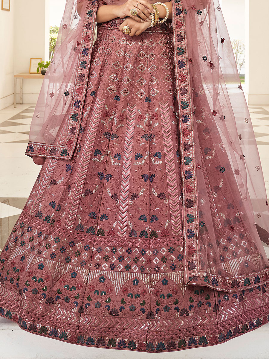 Dark Salmon Orange Silk Embroidered Wedding Lehenga Choli