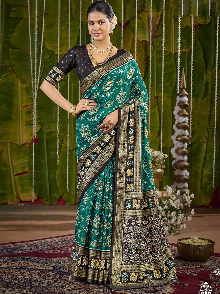 Dark Sky Blue Silk Printed Bridal Reception Festival Wedding Fancy Heavy Border Saree