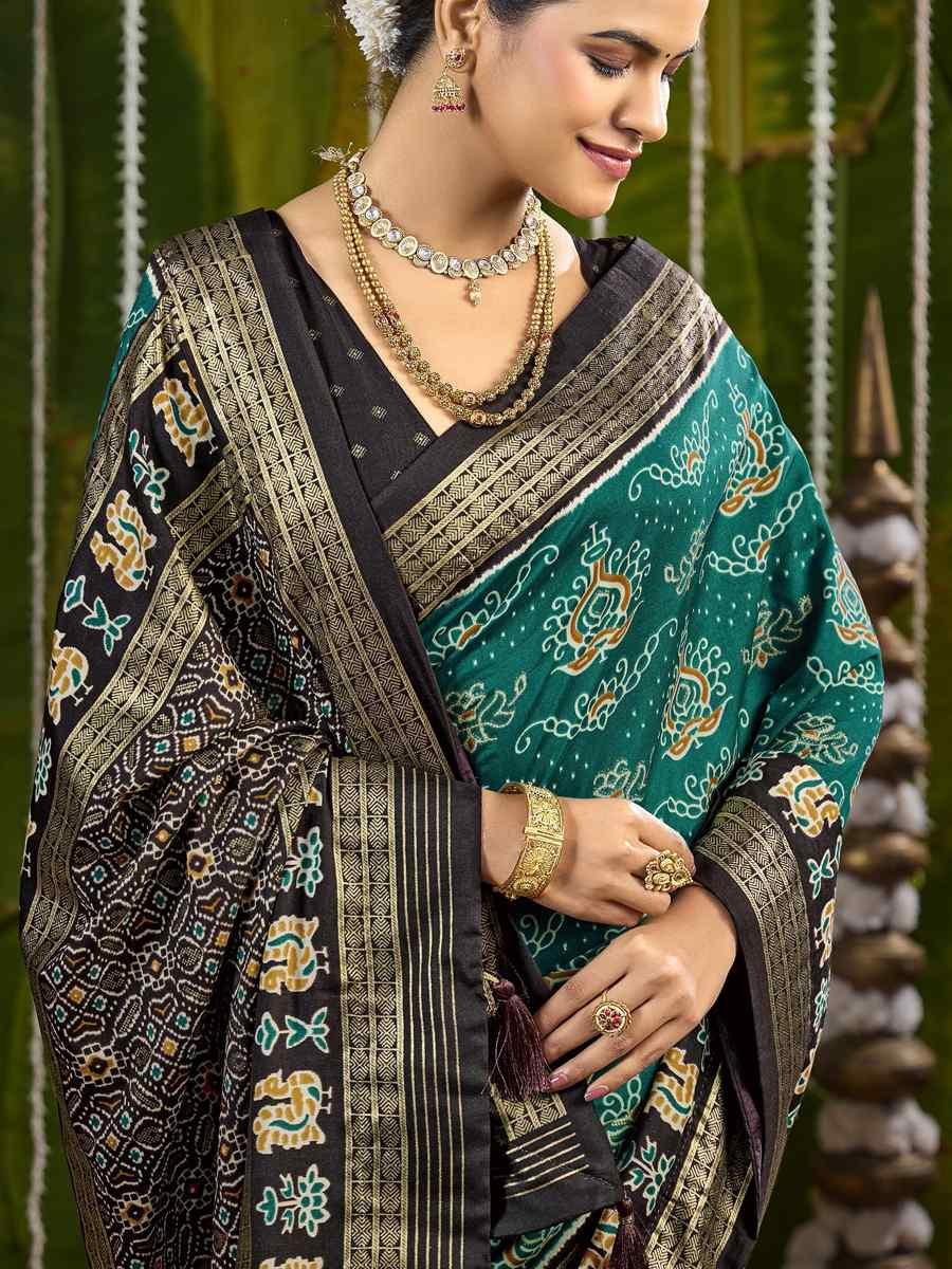 Dark Sky Blue Silk Printed Bridal Reception Festival Wedding Fancy Heavy Border Saree