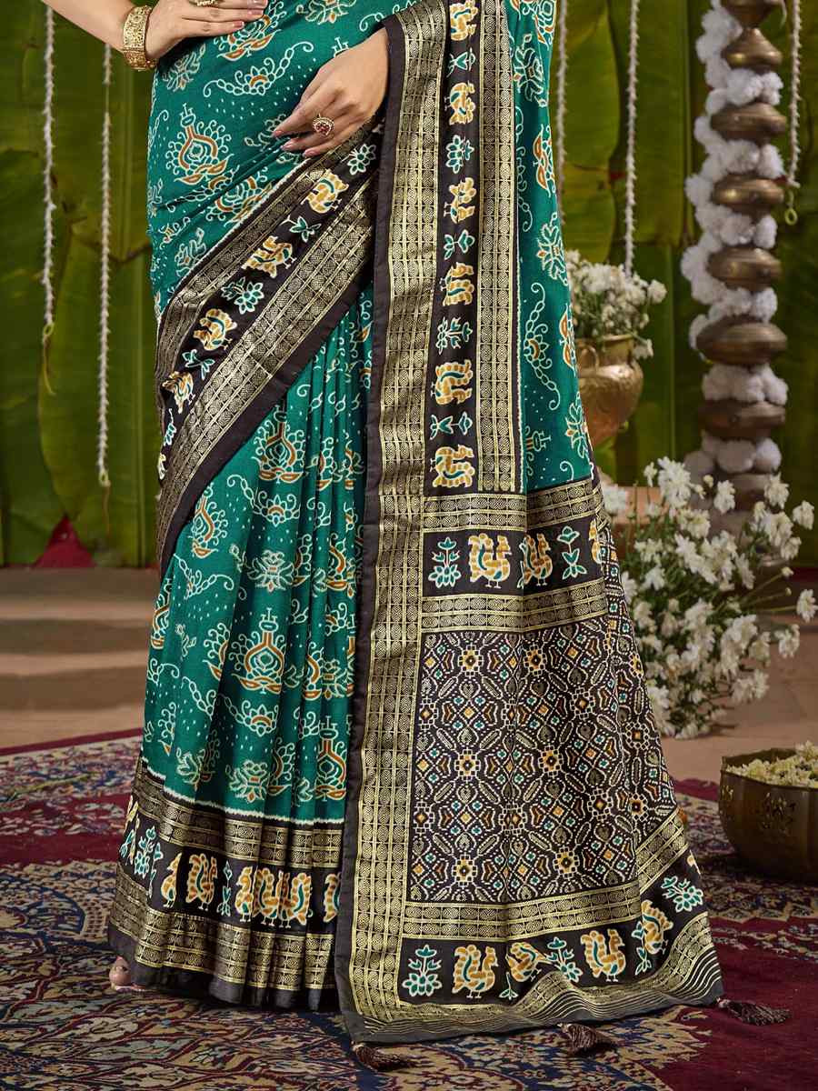 Dark Sky Blue Silk Printed Bridal Reception Festival Wedding Fancy Heavy Border Saree