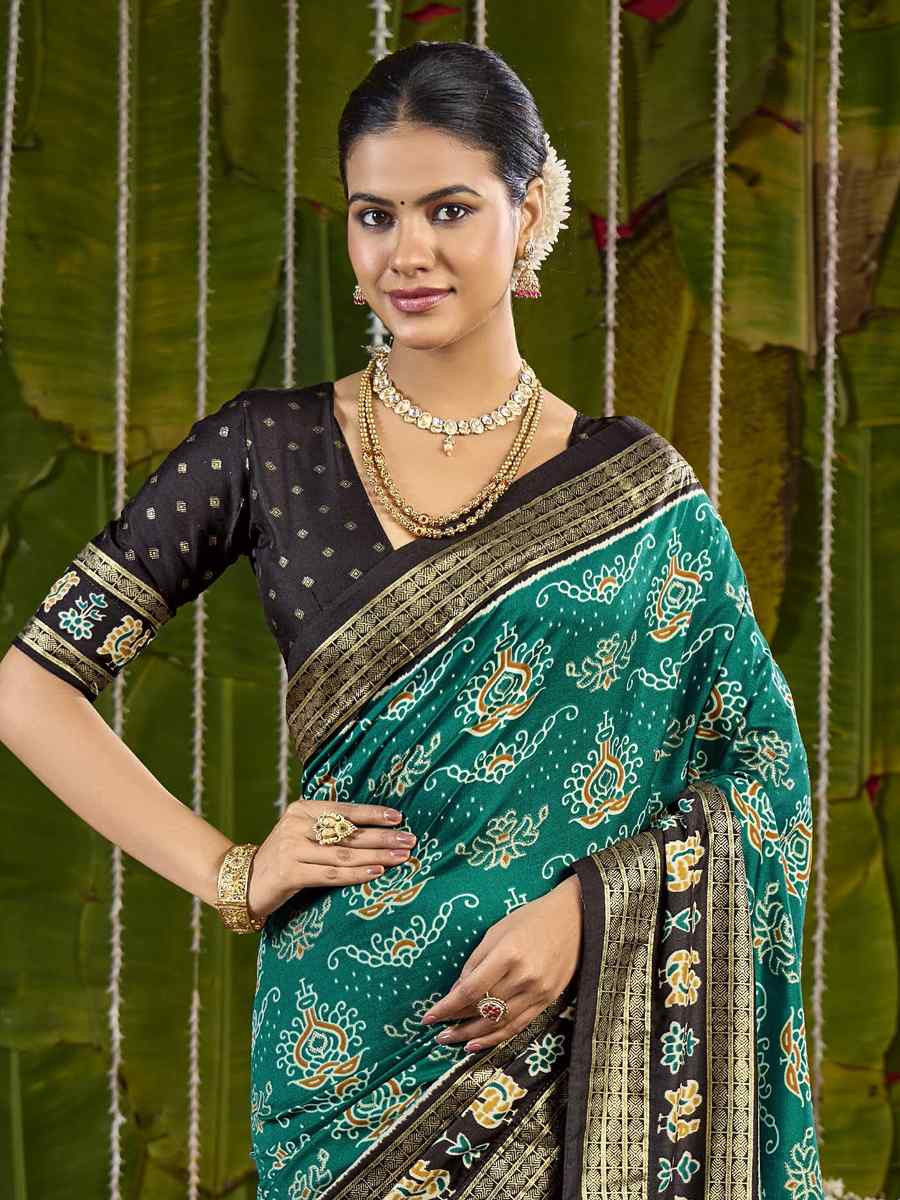Dark Sky Blue Silk Printed Bridal Reception Festival Wedding Fancy Heavy Border Saree